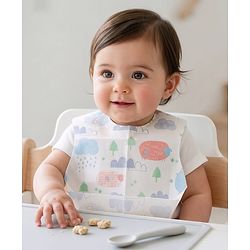 Babyhug Triple Layer Disposable Feeding Bibs Pack of 30| Waterproof| Crumb Catcher Pocket| Travel Friendly| Hygienic & Easy to Wear| Single Use Bibs for 6+ Months Babies