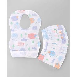 Babyhug Triple Layer Disposable Feeding Bibs Pack of 30| Waterproof| Crumb Catcher Pocket| Travel Friendly| Hygienic & Easy to Wear| Single Use Bibs for 6+ Months Babies