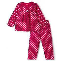 Babyhug Cotton Knit Full Sleeves Co-ords Night Suit with Polka Dot Print - Maroon