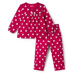 Babyhug Cotton Knit Full Sleeves Co-ord Night Suit With Heart Print - Maroon