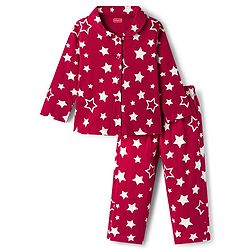 Babyhug Cotton Knit Full Sleeves Co-ords Night Suit with Star Print - Maroon
