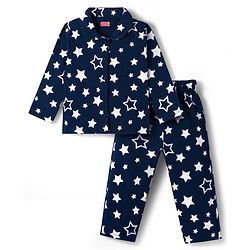 Babyhug Cotton Knit Full Sleeves Front Open Co-ords Night Suit with Star Print - Navy Blue