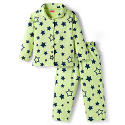 Babyhug Cotton Knit Full Sleeves Front Open Co-ords Night Suit with Star Print - Limegreen