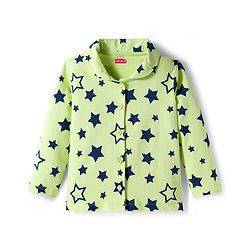 Babyhug Cotton Knit Full Sleeves Front Open Co-ords Night Suit with Star Print - Limegreen