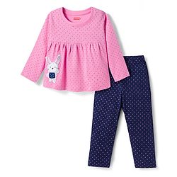 Babyhug Cotton Knit Full Sleeves Night Suit with Polka Dot Print & Bunny Patch - Navy Blue & Pink