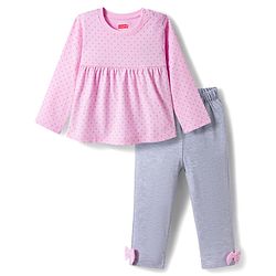 Babyhug Cotton Knit Full Sleeves Night Suit With Polka Dot Print - Pink & Grey