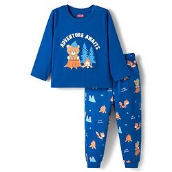 Babyhug Cotton Knit Full Sleeves Night Suit with Jungle Theme Print - Navy Blue
