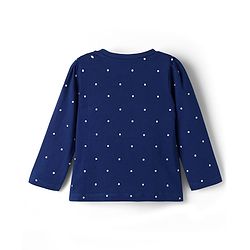 Babyhug Cotton Knit Full Sleeves Night Suit with Polka Dot Print & Bow Applique - Navy Blue