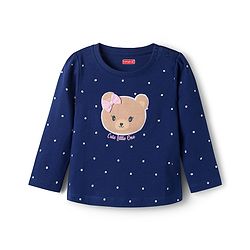 Babyhug Cotton Knit Full Sleeves Night Suit with Polka Dot Print & Bow Applique - Navy Blue