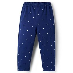 Babyhug Cotton Knit Full Sleeves Night Suit with Polka Dot Print & Bow Applique - Navy Blue