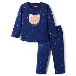 Babyhug Cotton Knit Full Sleeves Night Suit with Polka Dot Print & Bow Applique - Navy Blue