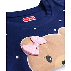 Babyhug Cotton Knit Full Sleeves Night Suit with Polka Dot Print & Bow Applique - Navy Blue