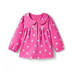 Babyhug Cotton Knit Full Sleeves Co-ords Front Open Night Suit with Floral Print - Pink