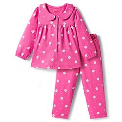 Babyhug Cotton Knit Full Sleeves Co-ords Front Open Night Suit with Floral Print - Pink