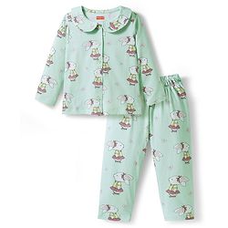 Babyhug Cotton Knit Full Sleeves Co-ord Night Suit With Bunny Print - Sea Green