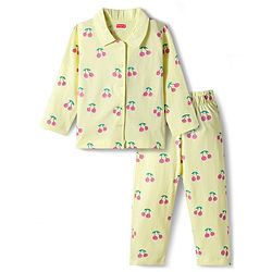 Babyhug Cotton Knit Full Sleeves Co-ord Night Suit With Cherry Print - Yellow