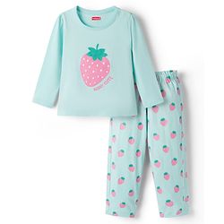 Babyhug Cotton Knit Full Sleeves Night Suit with Strawberry Print - Mint