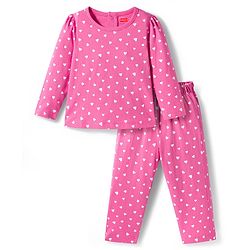 Babyhug Cotton Knit Full Sleeves Co-ords Night Suit with Heart Print - Pink
