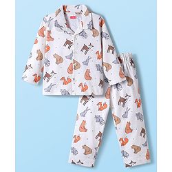 Babyhug Cotton Knit Full Sleeves Co-ord Night Suit With Animal Print - White
