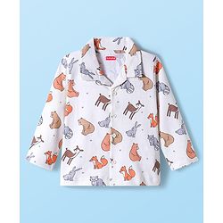 Babyhug Cotton Knit Full Sleeves Co-ord Night Suit With Animal Print - White