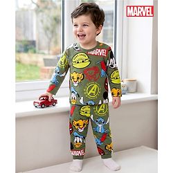 Babyhug Disney 100% Cotton Knit Full Sleeves Co-Ords T-Shirt & Pyjama Night Suit With Disney Character Print - Olive Green