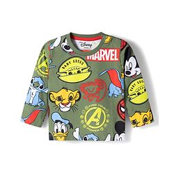 Babyhug Disney 100% Cotton Knit Full Sleeves Co-Ords T-Shirt & Pyjama Night Suit With Disney Character Print - Olive Green