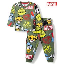 Babyhug Disney 100% Cotton Knit Full Sleeves Co-Ords T-Shirt & Pyjama Night Suit With Disney Character Print - Olive Green