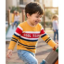 Babyhug Cotton Knit Full Sleeves Striped T-Shirt with Text Print - Yellow