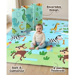 Babyhug Reversible Foldable Dino Theme Learning & Play Floor Mat 180x150 cm|Thickness 8 mm|Waterproof & Soft Foam|Colorful Crawling & Baby Massage Mat|Ideal to Gift|Easy to Fold & Carry| 0-12 Yrs|BIS