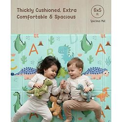 Babyhug Reversible Foldable Dino Theme Learning & Play Floor Mat 180x150 cm|Thickness 8 mm|Waterproof & Soft Foam|Colorful Crawling & Baby Massage Mat|Ideal to Gift|Easy to Fold & Carry| 0-12 Yrs|BIS