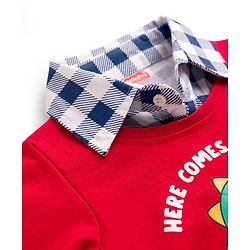 Babyhug 100% Cotton Knit Full Sleeves T-Shirt With Dino Print with Attached Shirt - Red