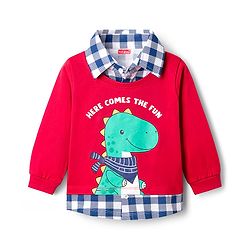 Babyhug 100% Cotton Knit Full Sleeves T-Shirt With Dino Print with Attached Shirt - Red