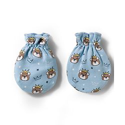 Babyhug 100% Cotton Knit Mittens & Booties With Teddy Bear Print - Light Blue