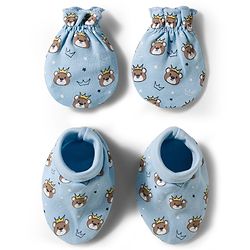 Babyhug 100% Cotton Knit Mittens & Booties With Teddy Bear Print - Light Blue