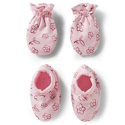 Babyhug 100% Cotton Knit Mittens & Booties With Floral Print - Pink