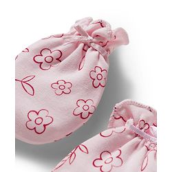 Babyhug 100% Cotton Knit Mittens & Booties With Floral Print - Pink