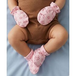 Babyhug 100% Cotton Knit Mittens & Booties With Floral Print - Pink