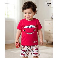 Babyhug Disney Single Jersey Knit Half Sleeves Shorts Night Suit With Cars Graphics - Dark Pink