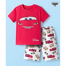 Babyhug Disney Single Jersey Knit Half Sleeves Shorts Night Suit With Cars Graphics - Dark Pink