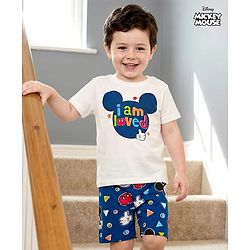Babyhug Disney Single Jersey Knit Half Sleeves Shorts Night Suit With Mickey Mouse Graphics - White