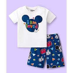 Babyhug Disney Single Jersey Knit Half Sleeves Shorts Night Suit With Mickey Mouse Graphics - White