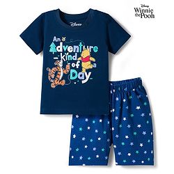 Babyhug Disney Single Jersey Knit Half Sleeves Shorts Night Suit With Winnie & Friends Print - Navy Blue