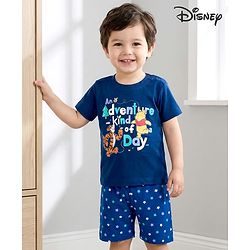 Babyhug Disney Single Jersey Knit Half Sleeves Shorts Night Suit With Winnie & Friends Print - Navy Blue