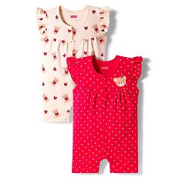 Babyhug 100% Cotton Interlock Knit Frill Sleeves Rompers with Bear & Polka Dot Pack of 2 - Red & Cream