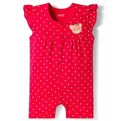 Babyhug 100% Cotton Interlock Knit Frill Sleeves Rompers with Bear & Polka Dot Pack of 2 - Red & Cream