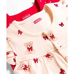 Babyhug 100% Cotton Interlock Knit Frill Sleeves Rompers with Bear & Polka Dot Pack of 2 - Red & Cream