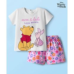 Babyhug Disney Single Jersey Knit Half Sleeves Shorts Night Suit With Winne & Friends Graphics - White