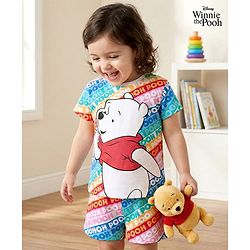 Babyhug Disney Single Jersey Knit Half Sleeves Shorts Night Suit With Winnie The Pooh Graphics - Light Blue
