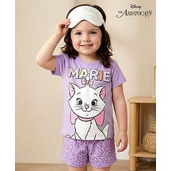 Babyhug Disney Single Jersey Knit Half Sleeves Shorts Night Suit With Marie Graphics - Lavender