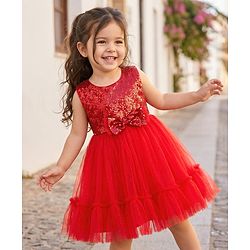Babyhug Mesh Woven Sleeveless Party Dress With Sequin Detailing On Yoke & Bow Applique - Red